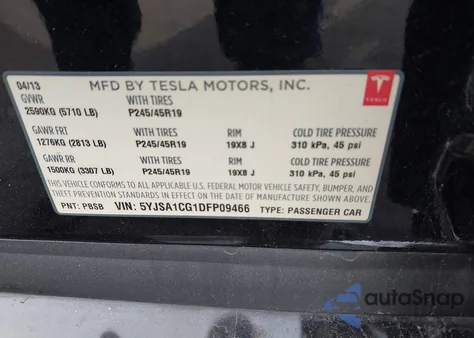 2013 Tesla Model S z USA, uszkodzony, nr VIN 5YJSA1CG1DFP09466